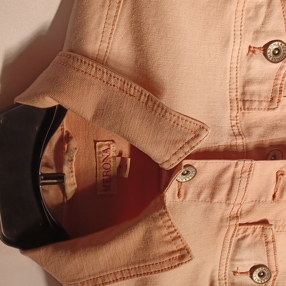 Upcycled Peach Granny Square Crochet Sleeve Denim Jacket, Sz S, 19" PTP, 20"L - Picture 4 of 6